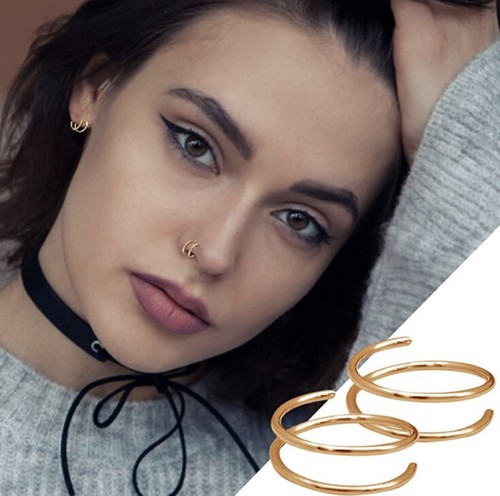 Set Of 2 Double Hoop Gold Nose Ring Spiral Nose Lip Ring 20 Gauge 8mm Snug Fit - Picture 1 of 8