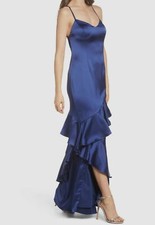  245 Adrianna Papell Women's Blue Satin Ruffled Sleeveless Strappy Gown Size 10
