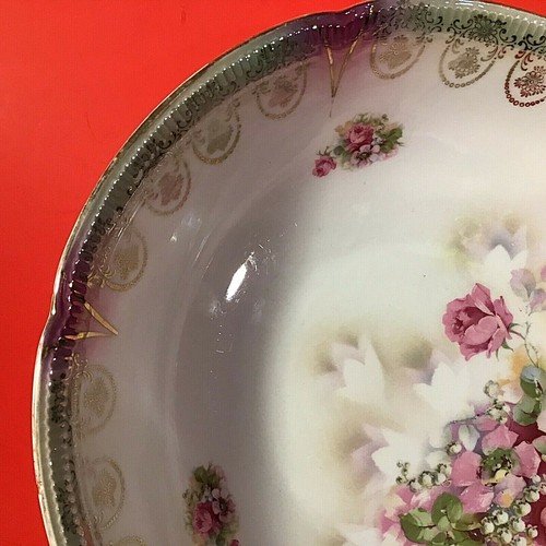 ANTIQUE GERMAN BOWL HAND DECORATED 10"W RED ROSES GREEN LEAVES GOLD DESIGNS - Picture 4 of 11