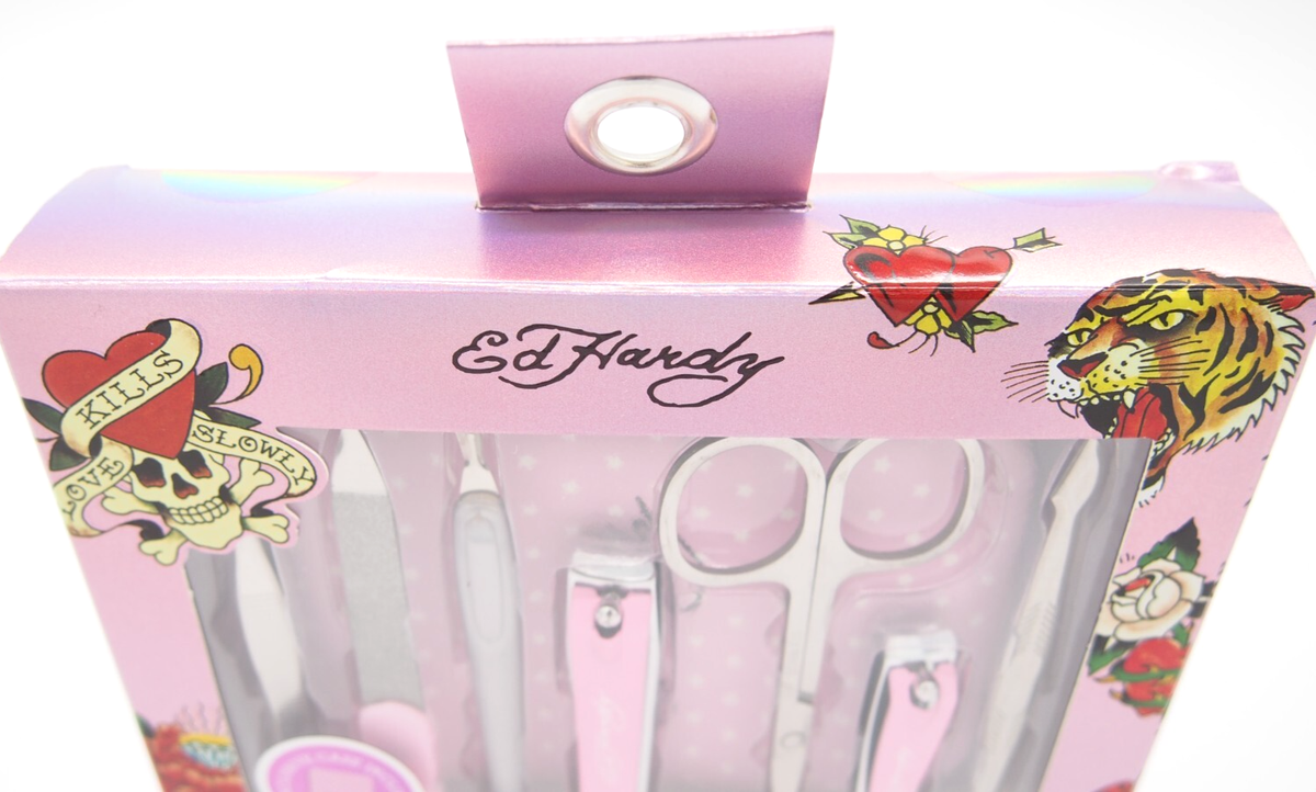 Ed Hardy Pink 7pc Ultimate Nail Care Manicure Pedicure Set W/ Case