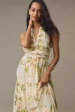 Farm Rio x Anthropologie V-Neck Floral Chiffon Halter Maxi Dress Yellow Sz M NEW