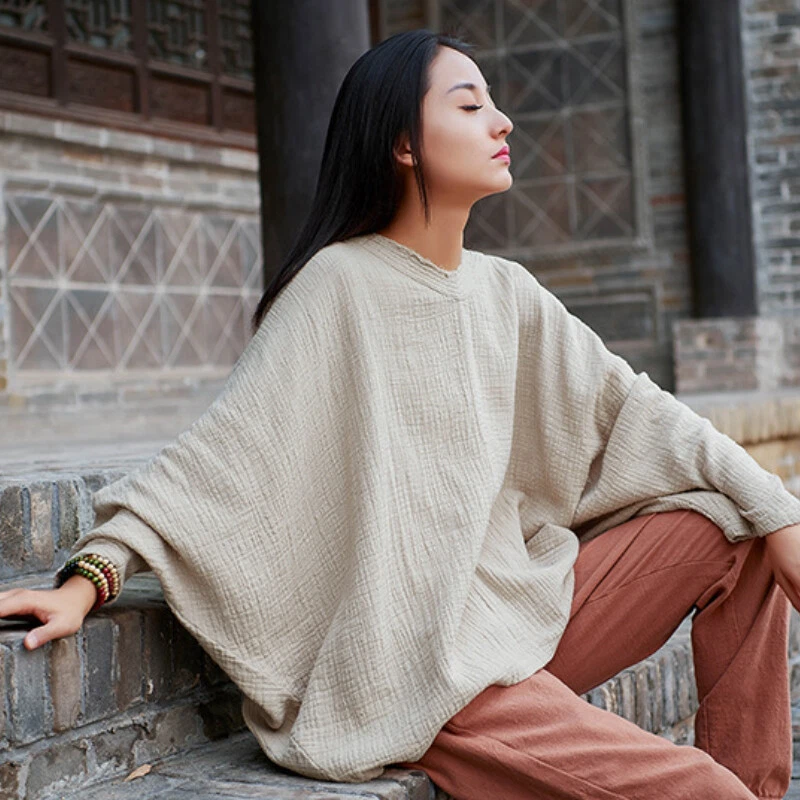 Femme Coton Lin Chemise Chauve-Souris T-Shirt Chemisier Pantalon Baggy Rétro - Photo 4/4