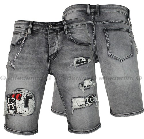 Bermuda Uomo Jeans Strappati Denim Grigio pantaloni corti elasticizzati 235  | eBay