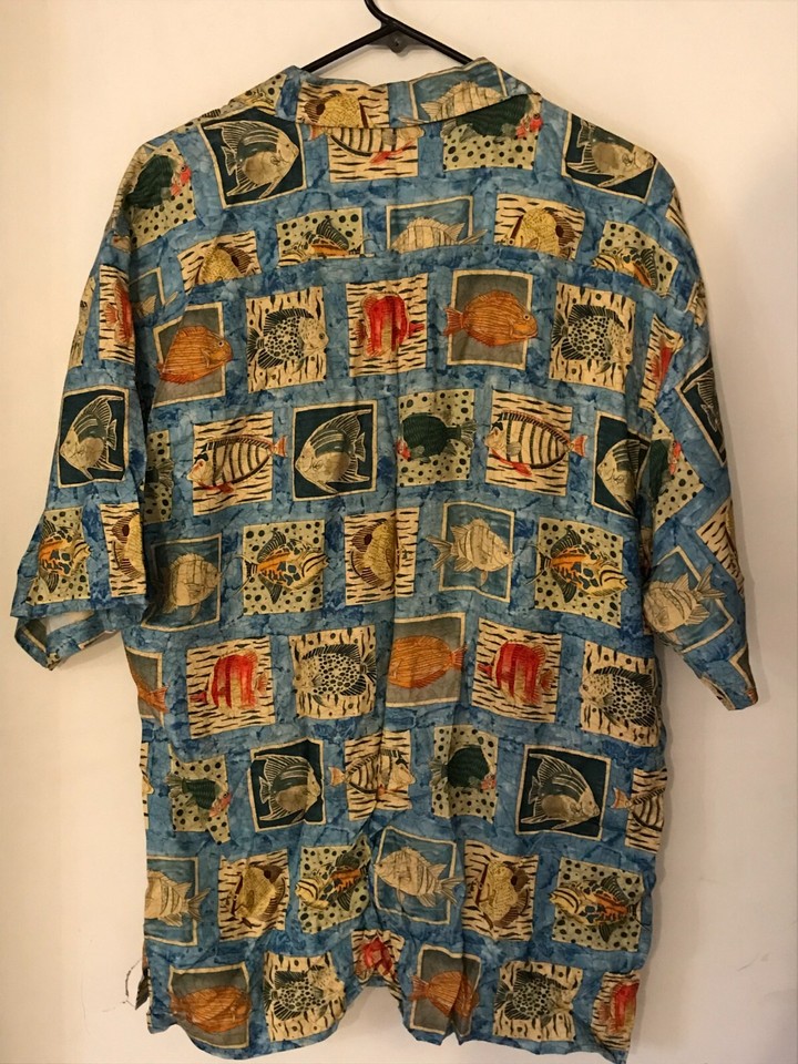 L BURMA BIBAS Men's Vintage Blue + More Fish Tribal Hawaiian Shirt