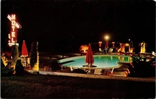 Night Time Scene Hill Top Motel Inviting Swimming Pool Area Postcard Unused UNP