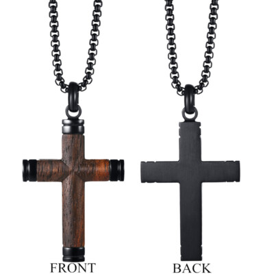 Black Stainless Steel Wood Cross Necklace Crucifix Pendant
