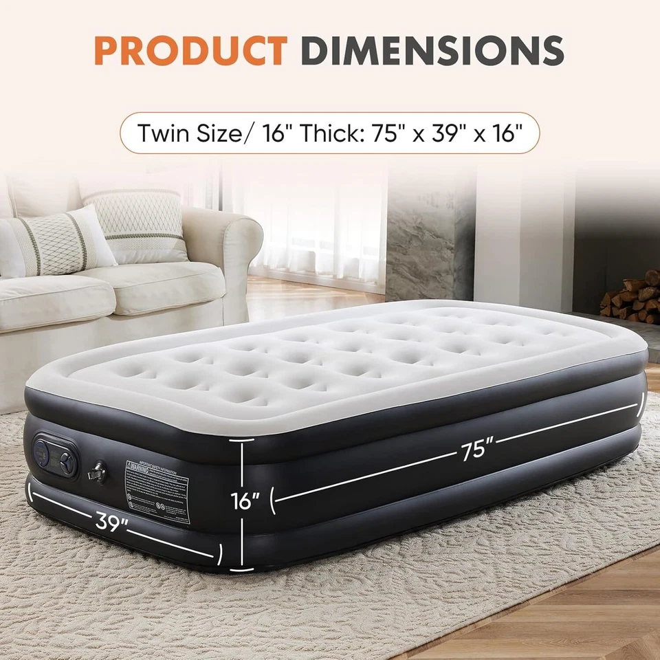 16" 18" Twin Queen Air Blow Up Inflatable Mattress Airbed with Built-in Pump - Image 4 of 4