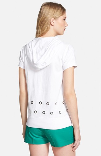 NWT $99.50 Michael Kors Grommet-Trim Short Sleeve Hooded Sweatshirt White XS S - Picture 2 of 3