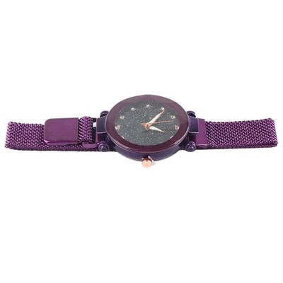 Purple Casual Alloy Quartz Round Dial Female Rhinestone Watch Silicone Strap