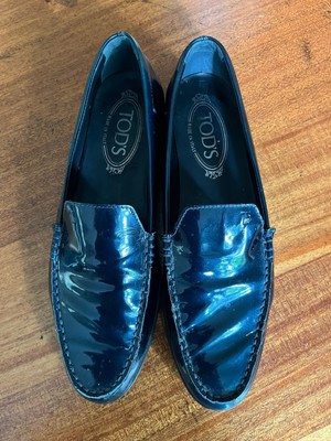 Tod s Navy Blue Patent Leather Loafers Driving Moccasins Italy 37.5 Us 7
