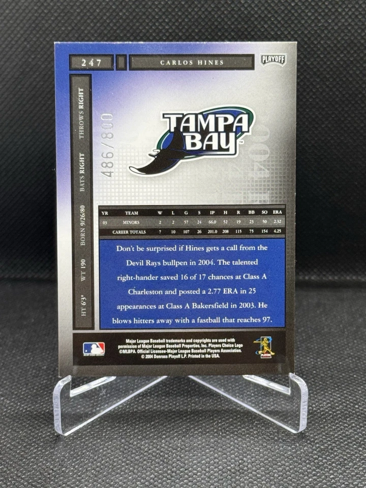 2004 Playoff Honors Rookie /800 Carlos Hines #247 Rookie Auto RC Devil Rays - Image 2 of 2
