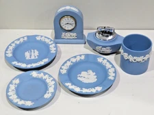 Wedgwood Blue Jasperware Classical Designs LOT (6) Lighter, Ashtrays, Clock