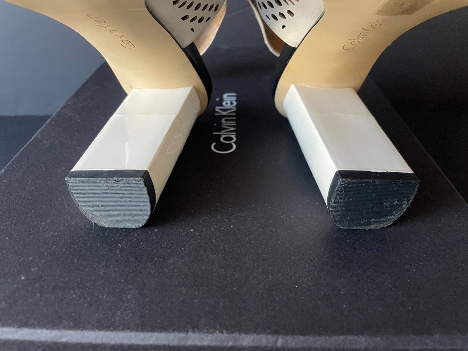 Calvin Klein Laser Cut Block Heel Sandals Ankle Strap, White, Womens 7.5 thumbnail 9