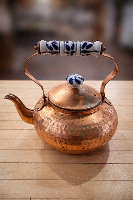 Hammered Copper Tea Kettle Porcelain Handle Blue Floral Pattern