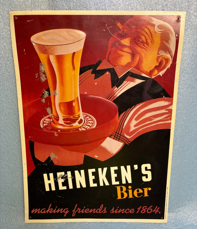 Vintage Heineken Bier Beer Waiter Embossed Tin Sign 'Making Friends' Netherlands