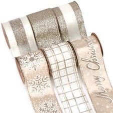 Christmas Ribbon Wired Champagne Gold Christmas Tree Ribbon Snowflake Glitter...