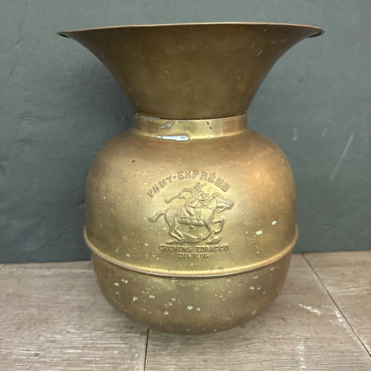 pony express chewing tobacco cut plug spittoon Vintage Brass Spittoon, 10" Tall, Embossed Advertisement, Tobacciana Vintage Brass Spittoon Pony Express
