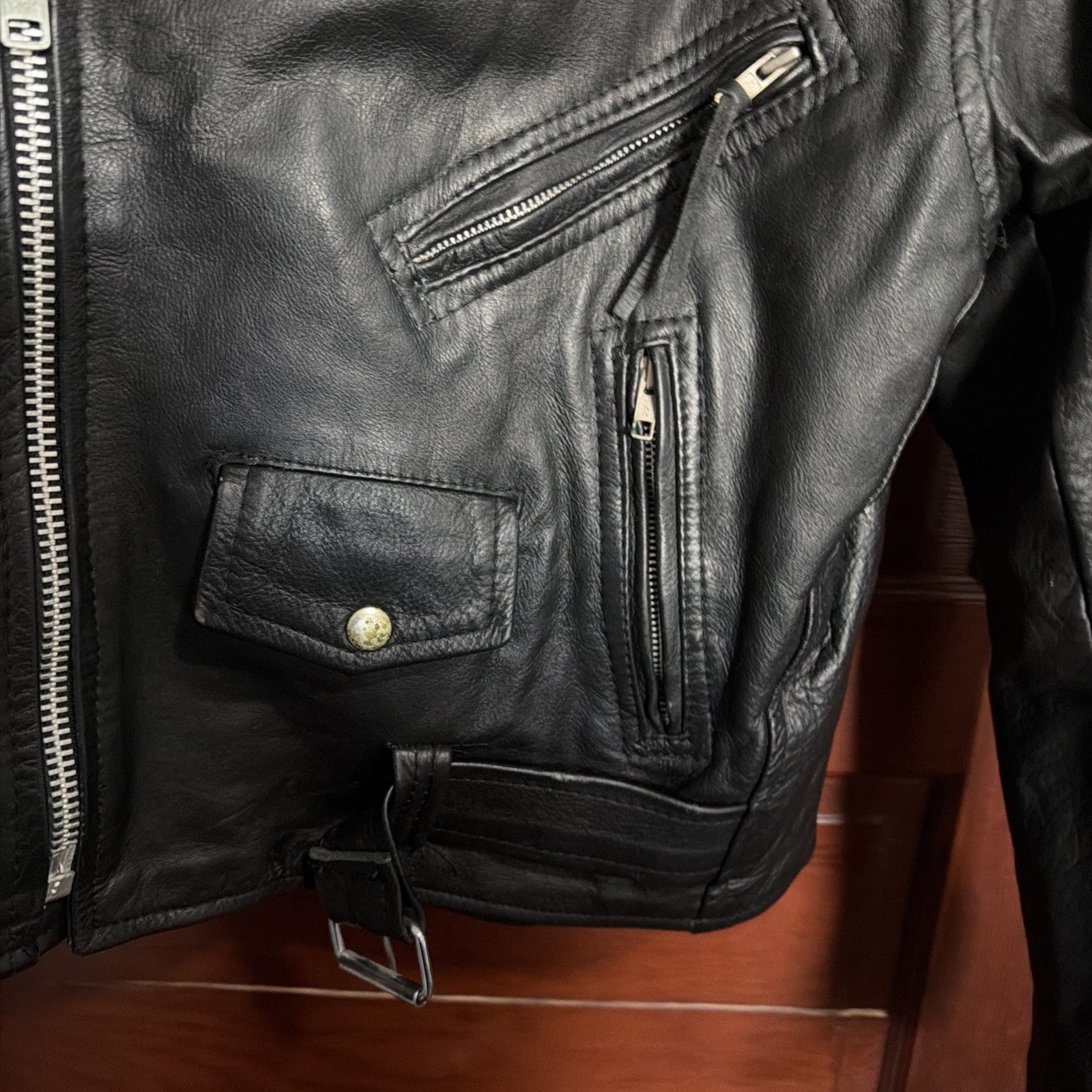 First Gear Leather Biker Jacket Size 42 Black Motorcycle Zip Belt Excellent