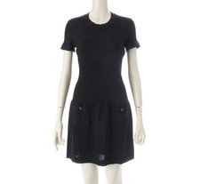 CHANEL CC Logo Openwork Rib Knit Short Sleeve Midi Dress P40365 Black Size 38