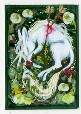 PRINT white unicorn horse fantasy painting 2.5 in x 3.5 in by ASV ACEO SIZED