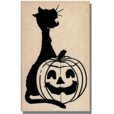 NEW Rubber Stamp, Black Cat With Pumpkin, Halloween Kitten Spooky Smiling Kitty