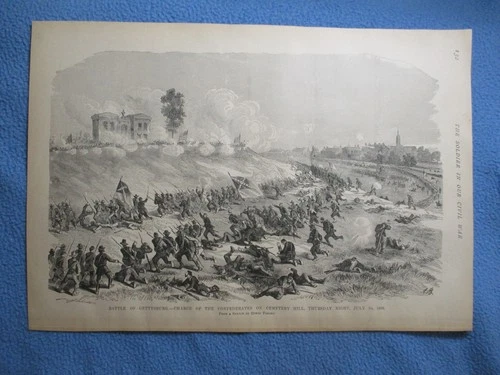 1884 Civil War Print - Battle of Gettysburg, Confederates Charge Cemetery Hill