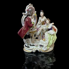 Volkstedt Porcelain, 3 Figures at Mirror, 1762 Crown Mark, Post 1945