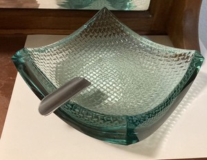 Stephen Schlanser Modernist Studio Glass Square Ashtray Aqua Blue 6.5” Calif