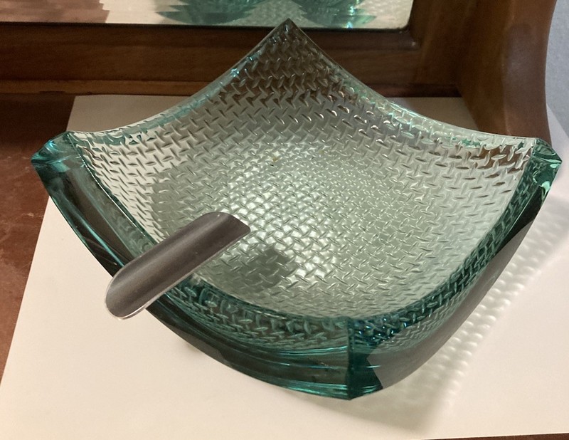 Stephen Schlanser Modernist Studio Glass Square Ashtray Aqua Blue 6.5” Calif
