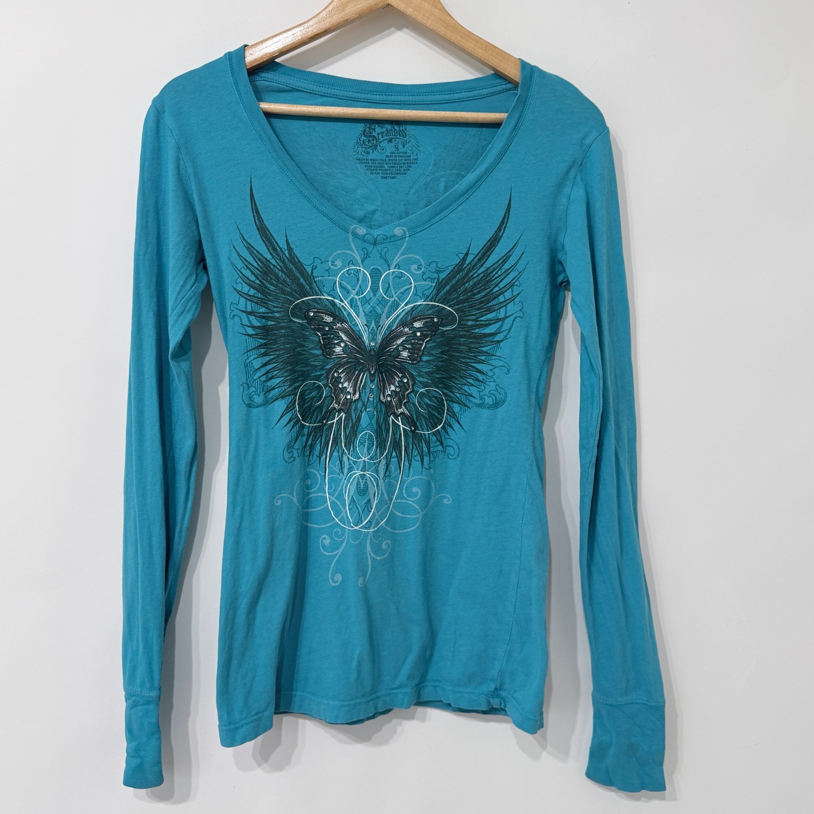 Stranded Y2K Long Sleeve T Shirt Womens M Teal Blue Butterfly Wings Fairy Grunge