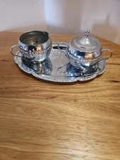 Vintage Irvinware Creamer and Sugar Bowl Set With Tray made in USA Chrome Plate