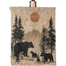 Vintage Bear Flannel Blanket,Rustic Wildlife Throw with Mountain Sunset,Retro...