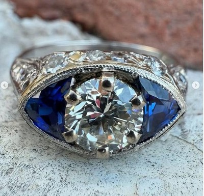 Vintage Platinum Diamond w/ Marquise Sapphire Sideways Filigree