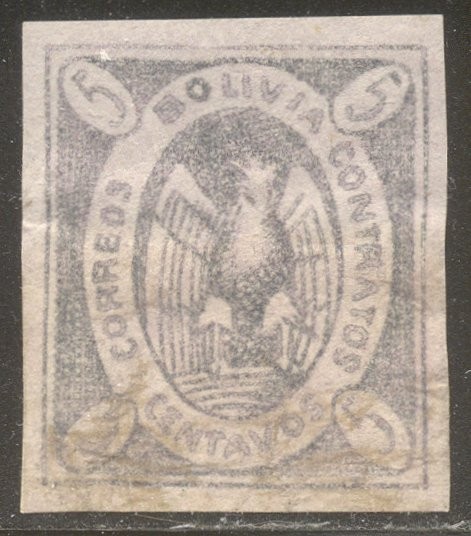 BOLIVIA #3 SCARCE Used - 1868 5c Lilac ($375)