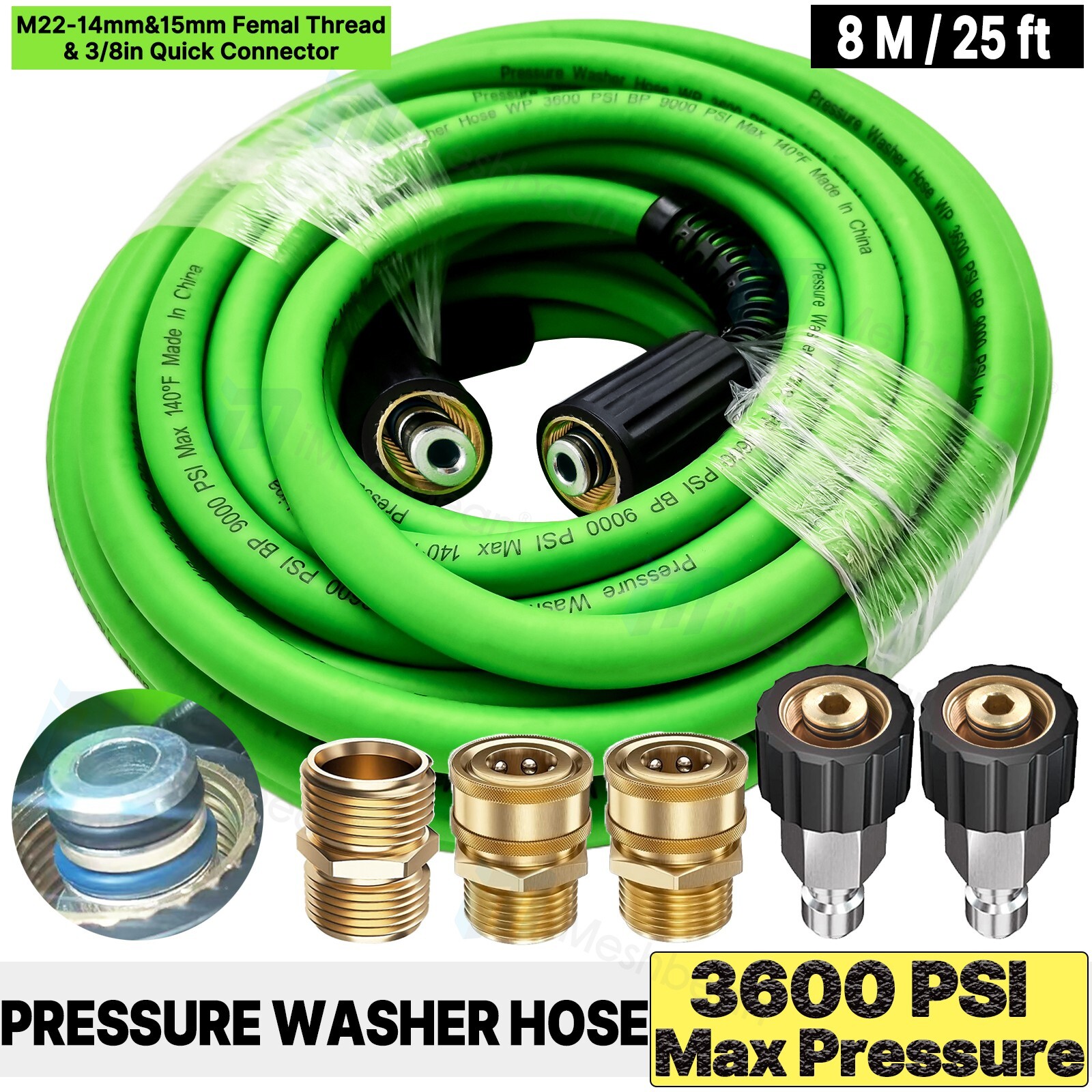 Flexible 25 ft 3600 psi High Pressure Washer Hose Water Cable M22-14&15+3/8" QC