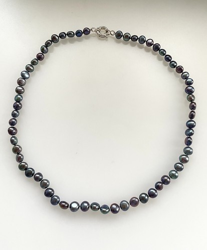 Vintage Estate Sterling Silver Metallic Grey Black Peacock Pearl Necklace 19" - Picture 3 of 4