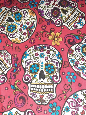 Fabric Day of  Dead Sugar Skull  Gothic Craft Red Floral Skull 29'' x  43''