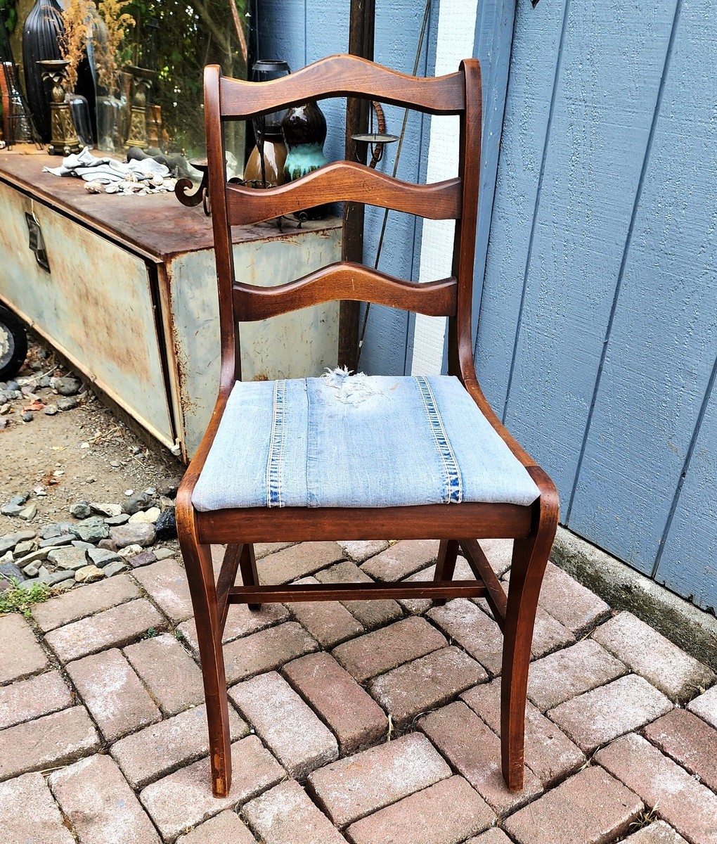 Vintage Walnut Ladder Back Dining Chair with Blue Jean Denim Upolstery  UPCYCLED!