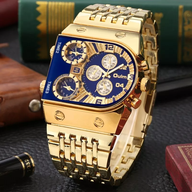 Oulm Mens Watch Luxury Gold Stainless Steel Band Quartz Watches Multi Time Zone