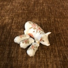 Vintage Ceramic Pig Family Figurine Set - Mother 3 Piglets Floral Design