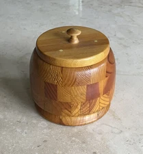 Vintage Hand Turned Marquetry Inlaid Wood Box Lidded Round Storage Boho