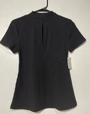 Belle Sky Top Womens XS Black Mock Neck Ribbed Grunchy Preppy Work Academia