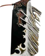 Western Bull Riding Leather Chaps Black Gold Cross Rodeo Chinks With Fringe
