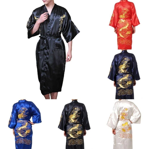 Mens Satin Chinese Dragon Kimono-Silk Bathrobe Pajamas Sleepwear Gown Bath Robe - Imagen 11 de 49