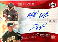 /99 MERKIN VALDEZ, RICH HARDEN 2005 Upper Deck Reflections Dual Signature Red/99