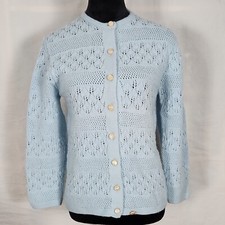 Vtg 1970s Rosanna Wintuk Blue Knit Cardigan Orlon Acrylic Round Neck Sweater