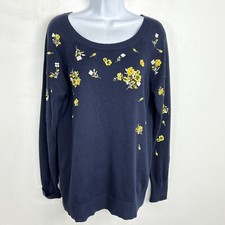 LOFT Navy Blue Floral Sweater Sz M Long Sleeve Crew Neck Casual Garden Core