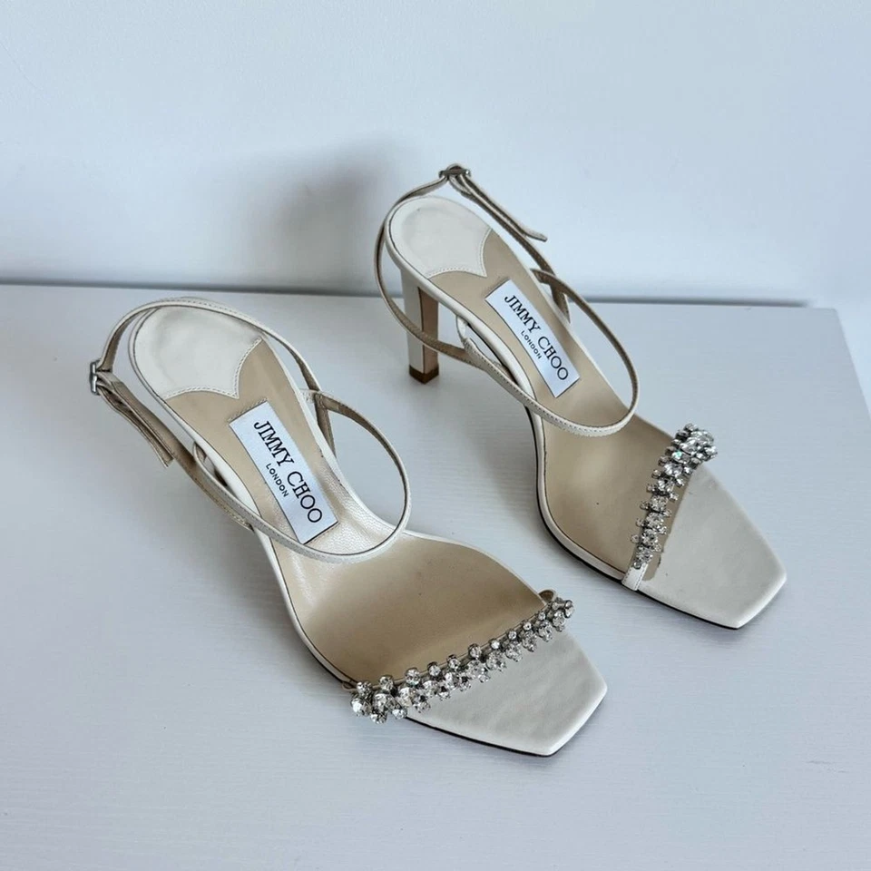 Jimmy Choo 37 Meira 85 Latte Nappa Sandalia Tacones Cristal Adorno Novia Foto 4 de 4