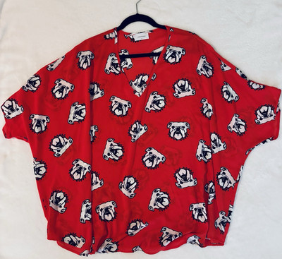 Adrienne Red Bulldog Animal Print V-Neck Dolman Short Sleeve Blouse Women M