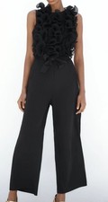  Zara Black Wide Fit floral crepe Jumpsuit Belted Sleeveless Round Neck Medium 